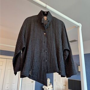 M Square Button Up Shirt Jacket Textured Speckled Black Medium Pop Funnel Collar